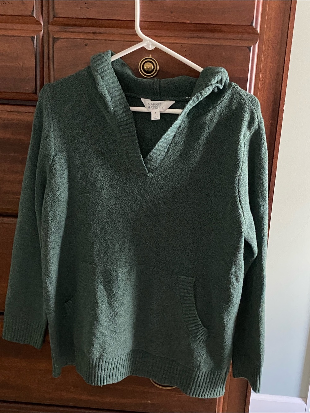 Market & Spruce Deep Green V-Neck Hooded Women's Sweater